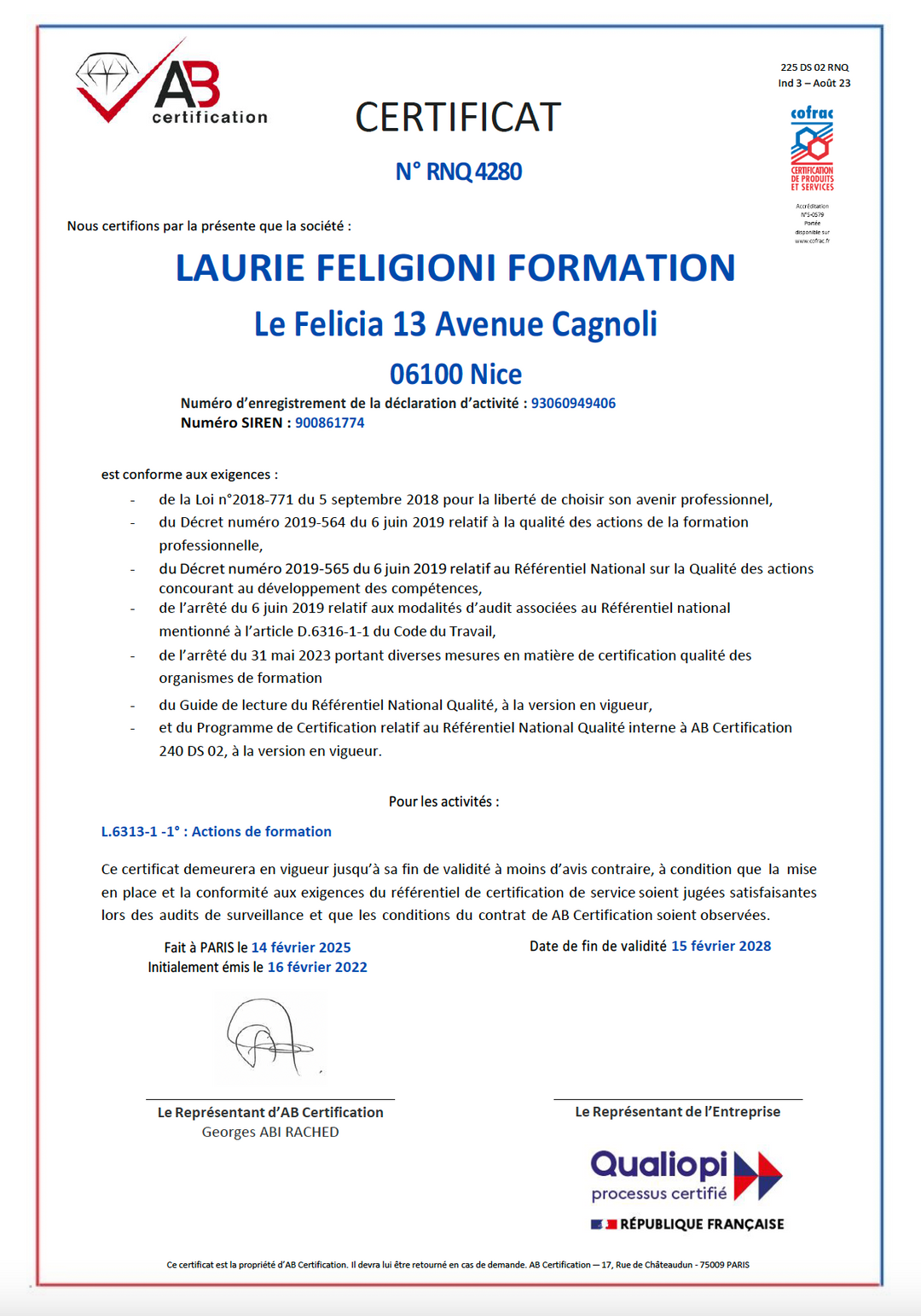 L'Académie Laurie Felifgioni bénéficie d'une certification par l'oganisme Qualiopi.